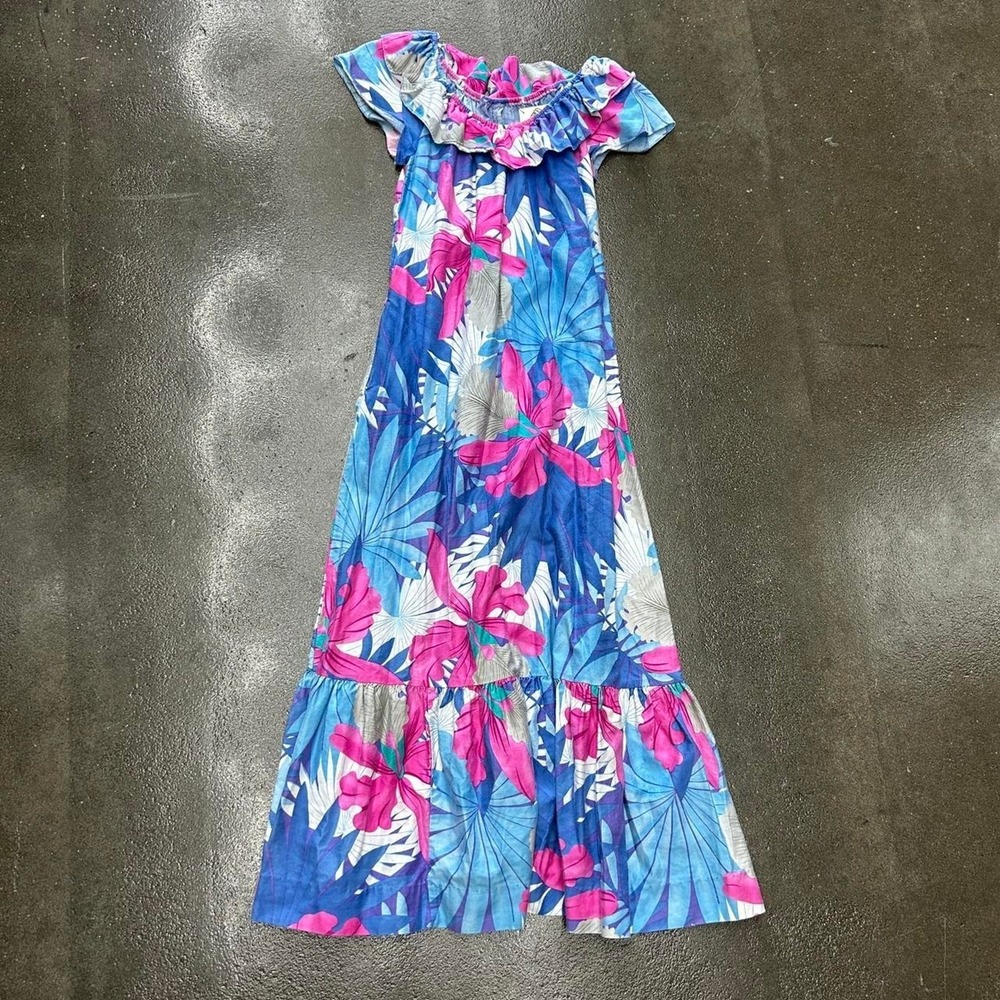 Vintage 90s Hilo Hattie Off Shoulder Colorful Floral Print Womens Small Dress